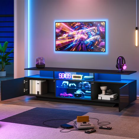 Meuble TV 160 x 40 x 45 cm, support TV avec 2 compartiments, meuble de salon, meuble TV laqué brillant avec bande LED, centre multimédia TV moderne avec 8 étagères, MDF, compatible TV 70 pouces, noir (1/4)