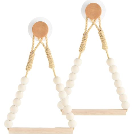 Lot de 2 Porte Papier Toilette sans Percage, Derouleur Papier Toilette Murale Bois, Auto Adhésif, Porte-Rouleau à Corde avec Perles pour Salle de Bain et Cuisine (Blanc Cassé) (1/5)