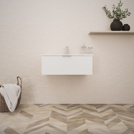 Inda - Badezimmerschrank B.80 mit glänzend/mattweißem Waschbecken, 1 Schublade - Topazio