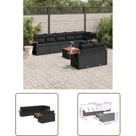 The Living Store 9-tlg. Garten-Sofagarnitur mit Kissen Schwarz Poly Rattan - Gartenmöbel - Outdoor Möbel - Rattan Sofa - Esszimmergarnitur - Lounge Set (1/3)