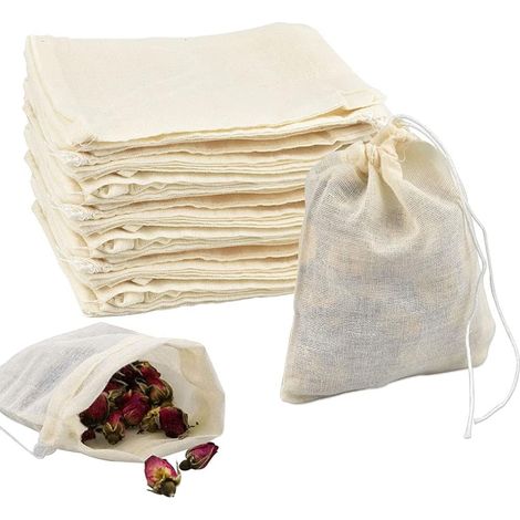 50 sacchetti filtro in cotone 10×8 cm, riutilizzabili, in tessuto, in iuta, con design a corda intrecciata, per infusione di tè, condimento, brasatura, decozione, zuppa, filtraggio.