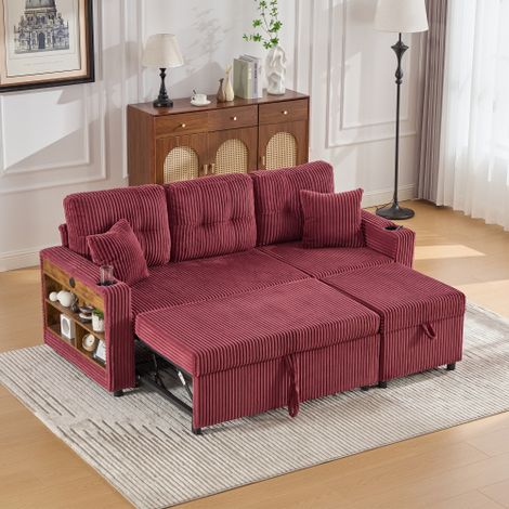 Mehrfunktionales Cord-Sofa mit Stauraum & Ausziehbett. Inkl. USB-C, Ambientebeleuchtung, Getränkehaltern & breiten Armlehnen. Schafft gemütliche Wohlfühlbereiche in Wohn- und Gästezimmer.
