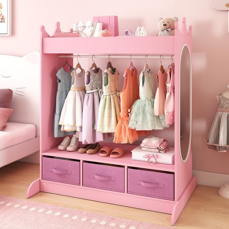 Kids Wardrobe Dressing up Rail Closet, Play Armoire Storage Organizer with Boxes, Mirror,Open Shelf for Children Clothes Bedroom Girls Room, Pink