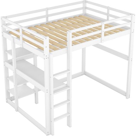 Lit mezzanine pour enfant avec rangement, entièrement en pin, avec 4 compartiments de rangement et un plateau de bureau, blanc, 140 x 200 cm (1/5)