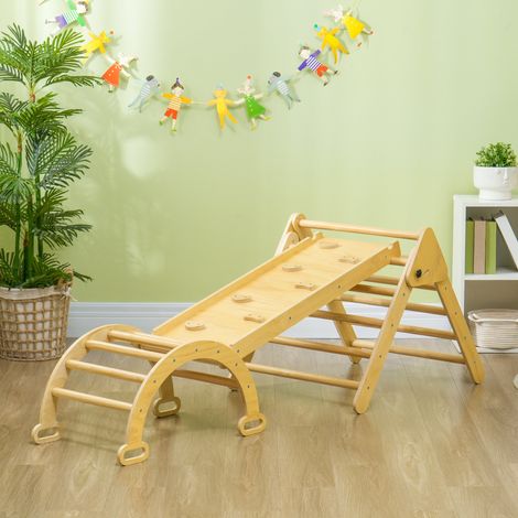 5-in-1-Kletterdreieck aus Holz mit Rampe und Bogen für Kinder, 178 x 64,5 x 63 cm, Naturholz