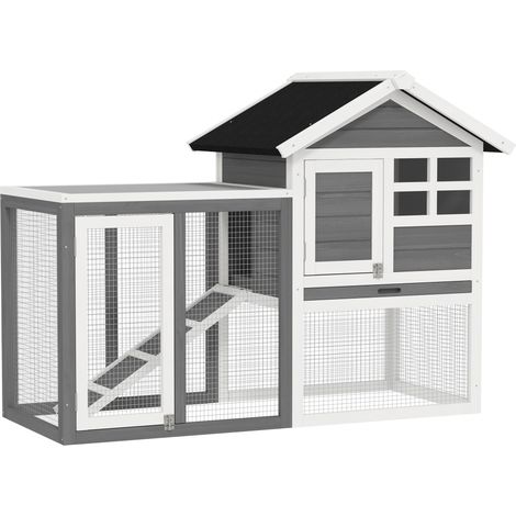 PawHut conejera de madera de 2 niveles jaula para conejos con zona abierta techo asfáltico bandeja extraíble y rampa 122x62,6x92 cm gris