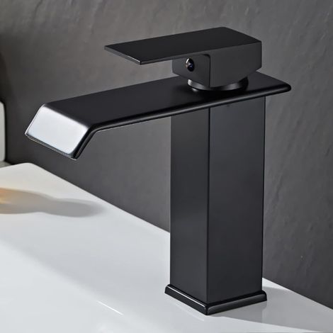 Robinet de salle de bain noir à bec droit et court avec tuyau d'arrivée de 60 cm Mitigeur de lavabo à bec large de style européen pour eau chaude et froide (1/4)