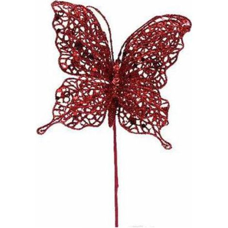 Farfalla con gambo corto per decorazione addobbo albero di natale - colore rosso