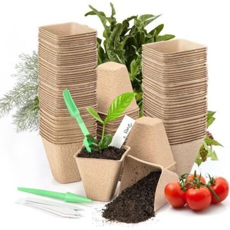 100 Pcs Biodegradable Seedling Pots, 8cm Square Planting Pots for Garden Seeds, Vegetables, Flowers, Succulents with 100 Plant Labels (1/5)