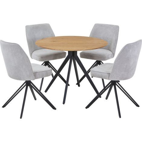 Aspen Light Oak Round Table & 4 Light Grey Swivel Dining Chairs - MDF/Metal/Fabric - L69 x W46 x H92 cm