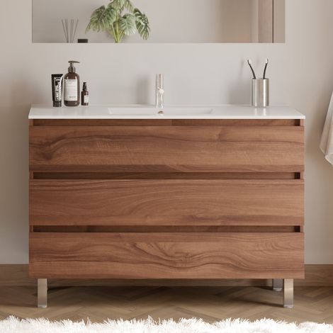 Meuble de salle de bain 120cm simple vasque - 3 tiroirs - sans miroir - noyer (bois foncé) - MAYOR (1/4)