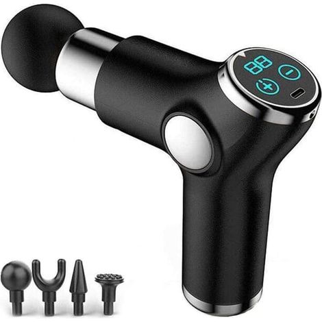 Pistolet de massage musculaire, mini masseur de poche à 32 vitesses, masseur à cristaux liquides, masseur de tissus profonds avec 4 têtes de massage-AquaForge