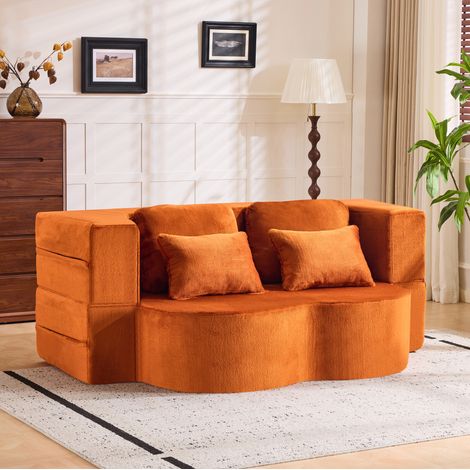 Sofá de suelo convertible en cama, con 4 cojines, espuma de alta densidad, tejido de felpa, naranja (1/5)