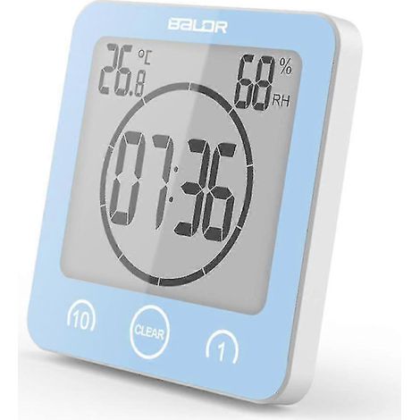 Horloge de salle de bain, minuteur de douche numérique, horloge de cuisine étanche avec thermomètre et hygromètre pour la douche, la cuisine et le maquillage (bleu). (1/4)