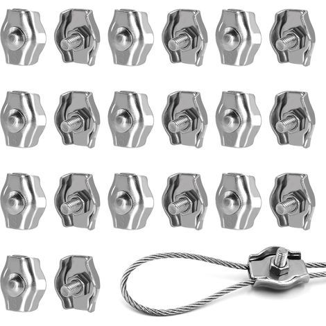 Simplex M3 Lot de 20 pinces à fil pour étendoir, pince à câble en acier inoxydable 304 pour câbles métalliques de 3 mm, jardin, câbles, terrasse et voiles de soleil (1/5)