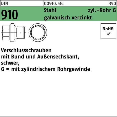 DIN 910 Verschlussschraube VG 1" Stahl 5.8 galvanisch verzinkt ASK mit Bund 25 Stk (1/2)