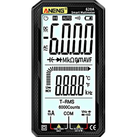 Multímetro digital ANENG 620A, con advertencia, detección automática, medición de corriente CC/CA, voltaje, temperatura, capacitancia, continuidad, diodo, resistencia, prueba de frecuencia, NCV y pant (1/2)