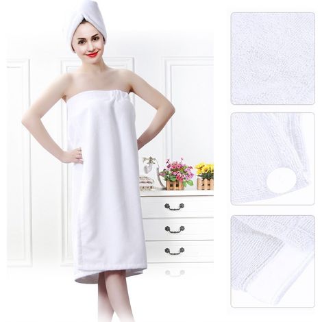 Lot serviette de spa corps en microfibre blanche, ensemble robe peignoir et bonnet séchage rapide cheveux (1/5)