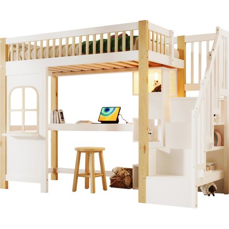 Lit mezzanine 90x200 avec bureau, rangements et échelle, LED intégrée, chambre enfant, blanc et bois clair, design maison - CHICFURN (1/5)