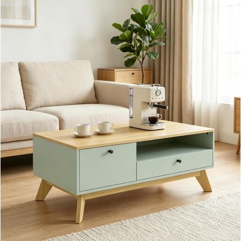 Tavolino da caffè 100/50/40 cm verde chiaro e rovere con cassetto, anta e vano aperto (1/5)