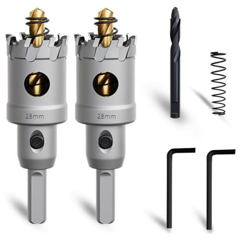 LAN Ensemble de 2 scies cloches en carbure de tungstène de 28 mm avec mèche de guidage nitrurée supplémentaire et clé en L pour l'acier, le fer, l'aluminium et le métal. (1/4)