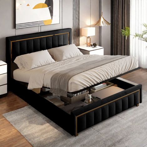 Lit coffre 160x200 cm, lit adulte Rembourré avec rangement, lit double capitonné velours avec Tête de lit à grain vertical, sommier à lattes - Noir (1/5)