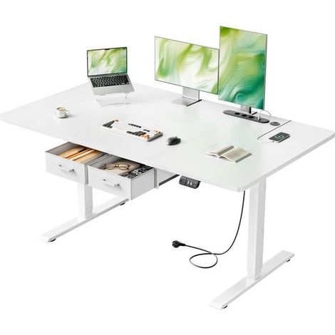 EcoFurnix Electric Standing and Sitting Desk, 140 x 80 cm, with Integrated Power Outlet, 2 Removable Drawers, USB-C Port, White