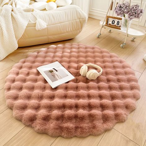 Tapis de canapé 90 cm, tapis rond moelleux, lavable en machine, décoration intérieure, tapis en polaire rose à bulles. (1/5)