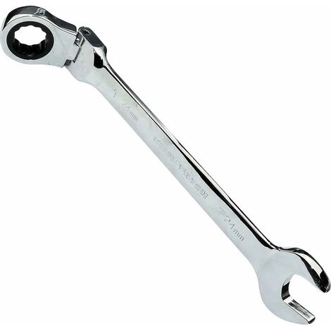 RHG Clé Plate Mixte à Fourche/Classique 24mm - vers Clé à Cliquet à Tête Articulée/Flexible 24mm Anneau/Oeil 12 Pans - Non Réversible/Métrique - en Acier CR-V - Manche Droite Polie