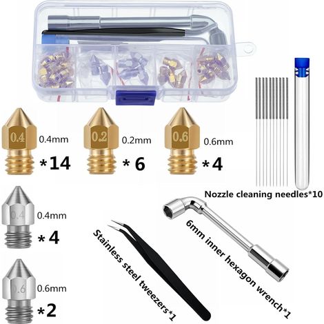 30 pièces buses 0,4 mm 0,2 mm 0,6 mm, buses hotend en laiton acier inoxydable pour imprimante 3D pour Creality Ender 3 V2 / Ender 3 / Ender 3 Pro / Ender 3 Max/Ender 5 Pro/Ender 3 S1/Ender 3 Neo/CR 10 (1/4)