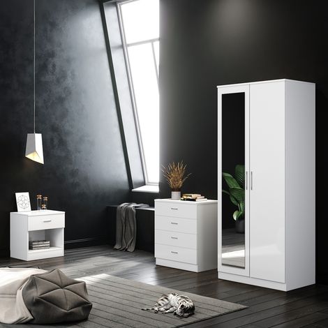 ELEGANT Wardrobe Set High Gloss 3 Piece Bedroom Storage Furniture Include 2 Soft Close Doors Wardrobe and 4 Drawer Chest and Bedside Cabinet White with Mirror
