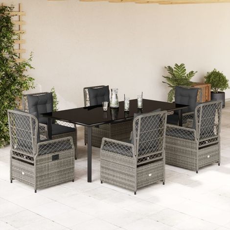 Ensemble de Jardin 7 Pièces Gris avec Table en Verre et Chaises Inclinables en Rotin Synthétique  200x100 cm  6 Coussins Dossier et Siège Amovibles (1/5)
