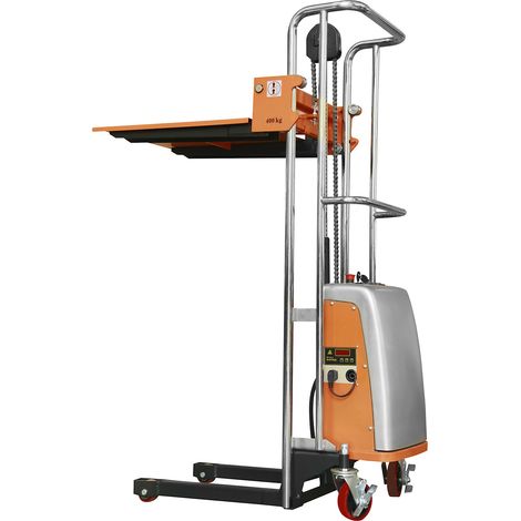 Plate-forme élévatrice semi-électrique – Charge max. 400 kg – Plage de levée 85 - 1615 mm – Acier peint époxy orange RAL 2004