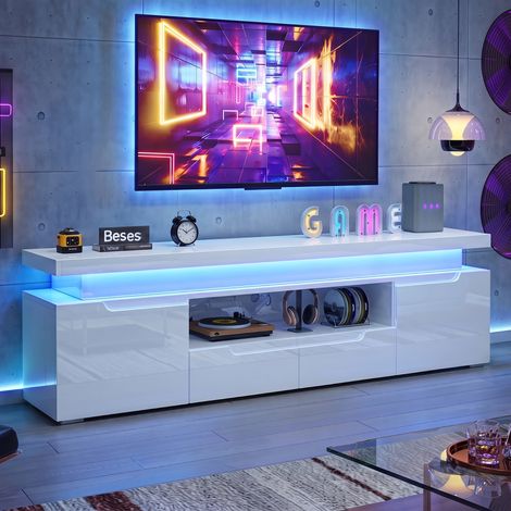Meuble TV 180 cm avec LED RGB et Prises USB - banc TV Noir Brillant 2 Portes 2 Tiroirs - pour Meuble Téléviseur Design Moderne, Blanc (1/5)