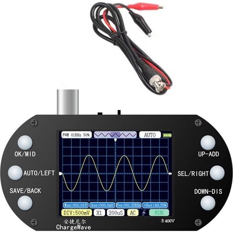 Oscilloscope portable, résolution 320 x 240, écran TFT 2,4 pouces, fréquence d'échantillonnage 2,5 MHz, bande passante 500 kHz, configuration standard (1/5)