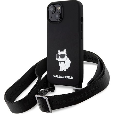Funda rígida Karl Lagerfeld KLHCP15SSCBSCNK para iPhone 15/14/13 de 6,1 pulgadas, color negro/negro, con correa cruzada de silicona Choupette. (1/5)