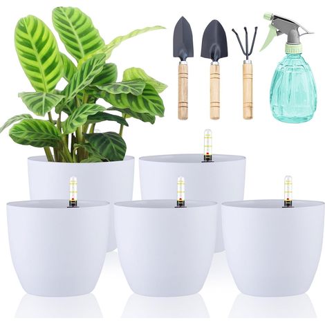 Lot de 5 Pots de Fleurs à Arrosage Automatique avec Indicateur d'eau, Pot de Fleurs d’Extérieur et d'Interieur - Pot de Plant en Plastique Blanc - 15 cm (1/5)