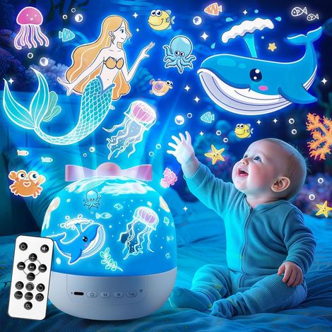 Veilleuse Enfant, 10 Musique Veilleuse Bébé Musicale et Lumineuse, 360° Rotation 15 Films Projecteur Ciel Etoile,Télécommande Rechargeable Lampe de chevet Sans Fil,Enfant Bebe Cadeau Noel (1/5)