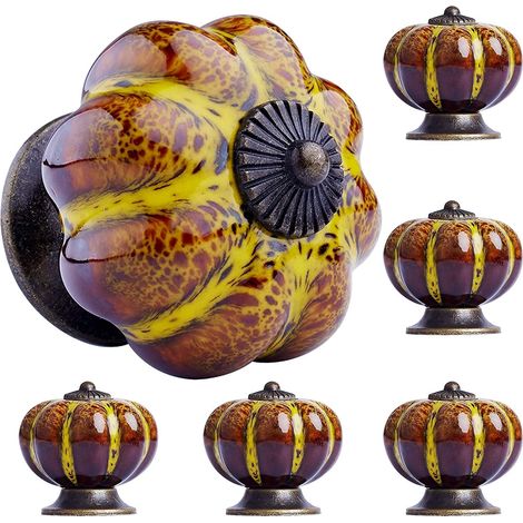 Set mit 6 Schubladengriffen aus glasierter Keramik im Vintage-Stil in Kürbisform für Schränke, Schubladen, Kommoden und Kleiderschränke (gelb)