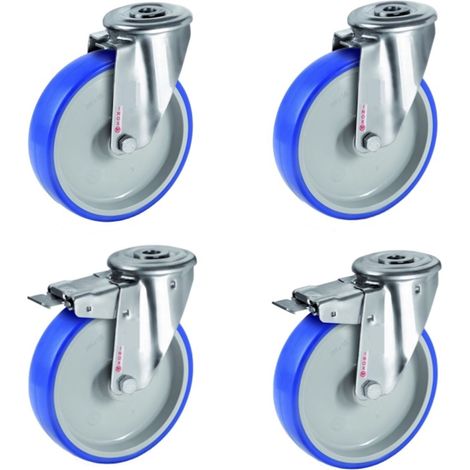 Lot de 4 roulettes à oeil INOX pivotantes et pivotantes à frein polyuréthane BLEU-SOFT® 100 mm - 360 Kg (1/3)