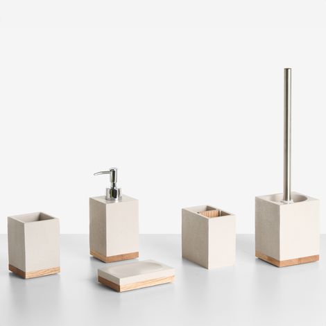 Conjunto de 5 accesorios de baño jabonera dispensador de jabón escobilla de inodoro vaso soporte para cepillos de dientes beige Tapiche