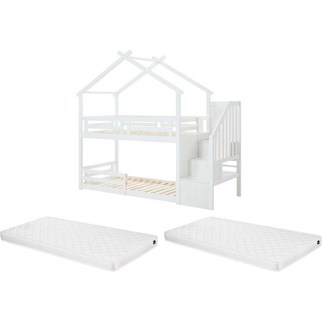 Lit superposé cabane 90 x 190 cm - Pin et MDF + Matelas - Blanc - TALETY (1/5)