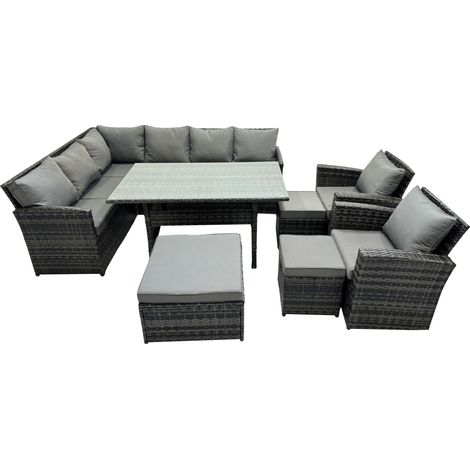 Fimous 11 Seat Poly Rattan Outdoor Patio Dining Table Corner Sofa Set with 3 Stool 2 Chairs for Garden Backyard Dark Grey Mixed (1/5)