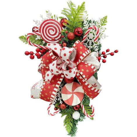 Coronas navideñas en forma de lágrima, puerta navideña de 50 cm, dulces navideños al revés, puerta con árbol colgante, adornos de pared, decoración de invierno para interiores y exteriores (1/5)