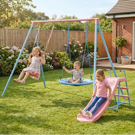 Spielgerüst 330x136x180 cm aus Stahl Blau/Rosa mit 2 Schaukeln und Rutsche – MEUBLIV (1/5)