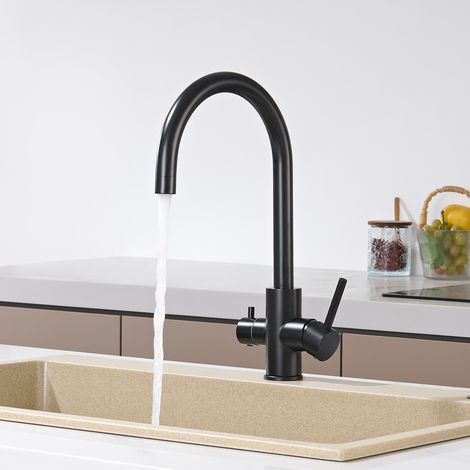 Robinet de cuisine 3 voies CECIPA MAX – Mitigeur évier inox pour osmose, 2 sorties d'eau indépendantes, 2 poignées séparées, bec pivotant 360°, cartouche céramique, noir (1/5)