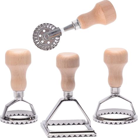 Juego de 3 cortadores de ravioles, cortadores redondos y cuadrados, rueda estriada, mango de madera, accesorio de cocina. (1/5)