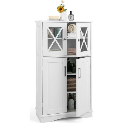 Armoire de salle de bain blanche 4 portes en MDF avec tablettes réglables et portes vitrées, pour salle de bain, buanderie et WC (1/5)
