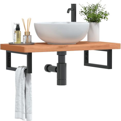 Estante de lavabo de pared de acero y madera maciza de haya