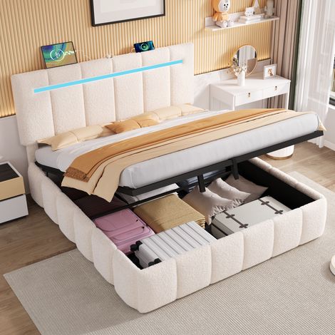 5ft King Size Upholstered Bed Frame with Hydraulic Storage & LED Headboard - Boucle Fabric Platform Bed with USB/Type-C Charging Station, Adjustable Tufted Headboard for Bedroom, Beige